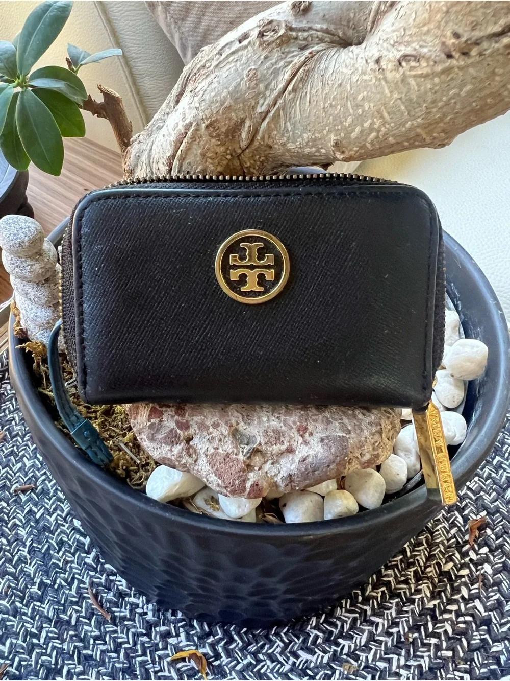 Tory Burch Black Leather Zip Card Case with Gold Logo
